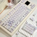 Whimsical Momonga Chiikawa backlit keycaps set from a side angle, showcasing adorable characters and clear side-printed legends, ready for vibrant backlight.