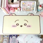 Adorable Chiikawa and Usagi leather desk mat, shown from a playful angle, highlighting its charming kawaii character art and sleek surface.