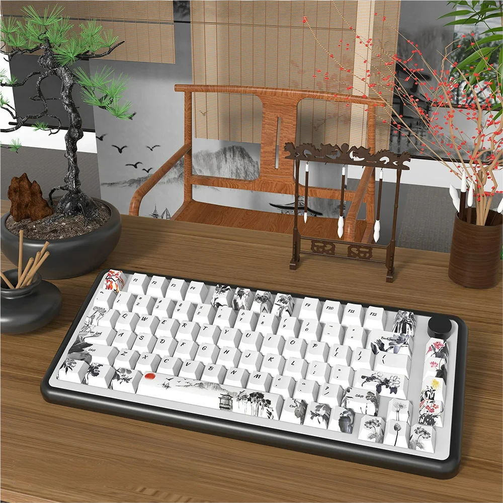 Exquisite Chinese Ink Wash PBT Keycaps set showcasing tranquil landscapes and calligraphy, a unique artistic addition to any keyboard.