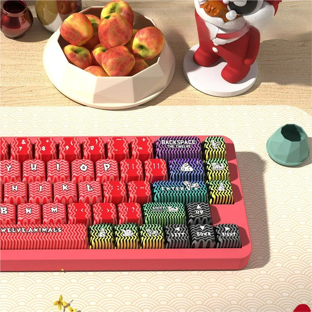 A vibrant collection of unique Chinese Zodiac PBT Dye-sub keycaps set, showcasing intricate animal illustrations and traditional motifs.