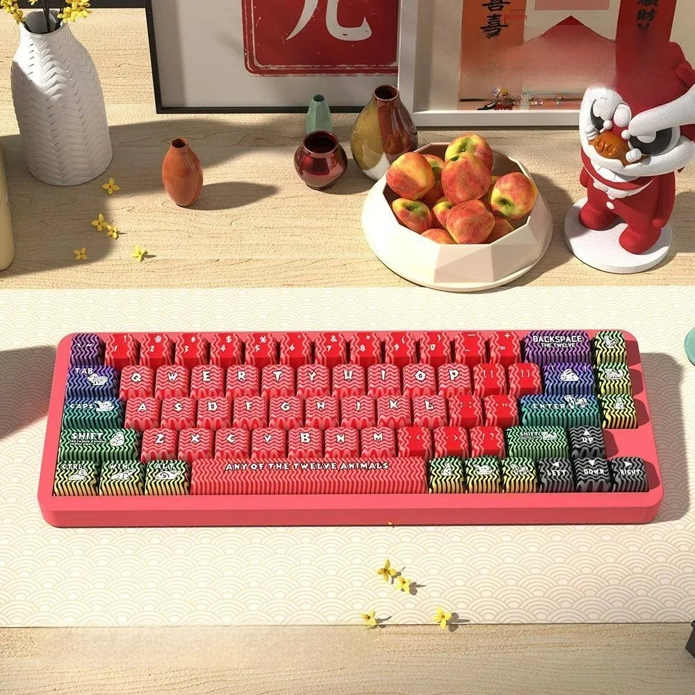 Main display of the unique Chinese Zodiac PBT Dye-sub keycaps set, featuring vibrant, artistic animal illustrations and traditional motifs on MDA profile.