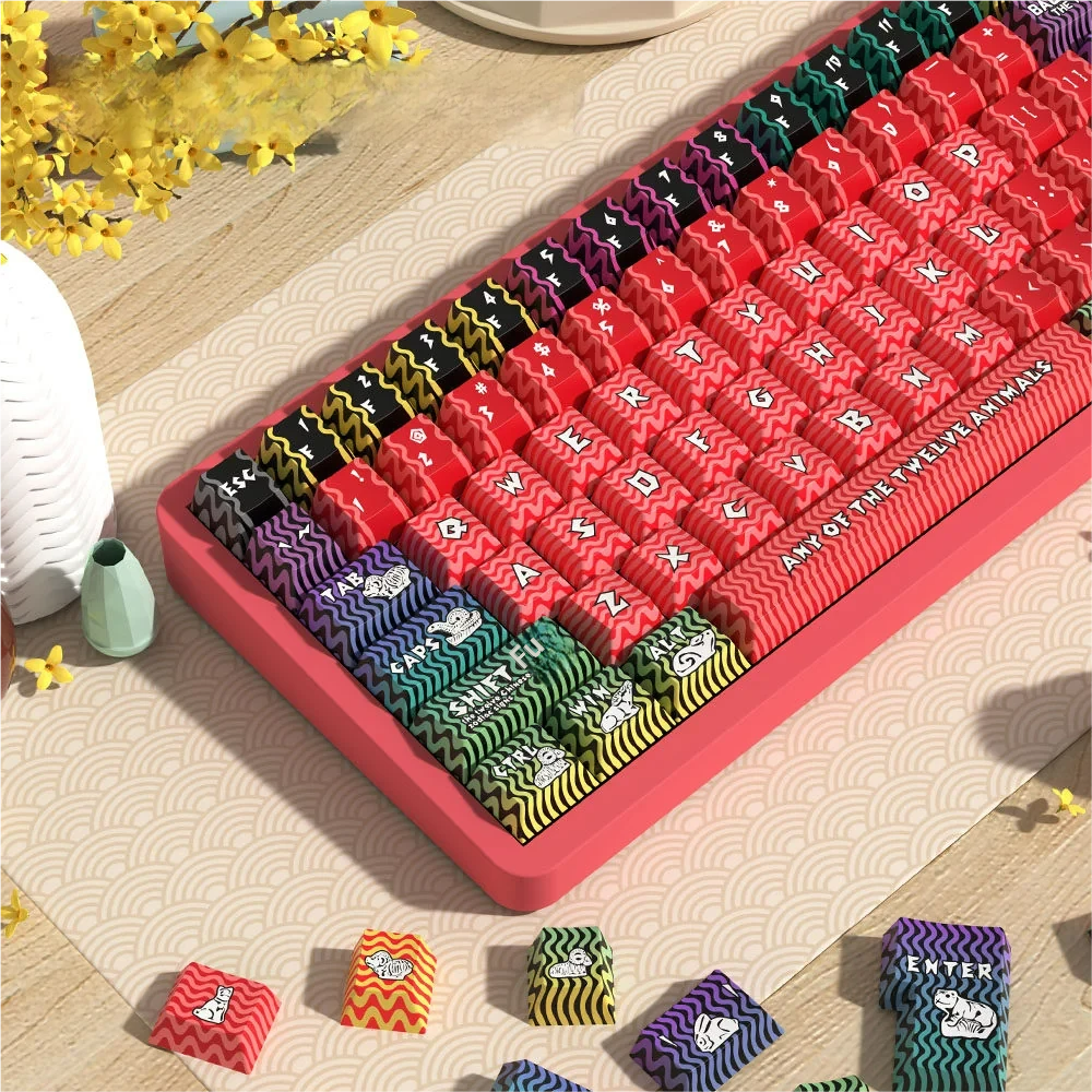 Close-up of the exquisite Chinese Zodiac PBT dye-sublimation keycaps set, showcasing vibrant animal illustrations and traditional artistry from multiple angles.