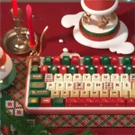 Detailed shot of premium Christmas PBT keycaps set, featuring vivid dye-sublimated festive motifs and cozy snowy scenes, highlighting durable artistry.