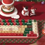 Christmas PBT keycaps set, with vivid dye-sublimated festive motifs, scenes, and cozy holiday spirit, shown from multiple premium angles.