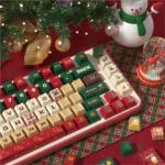 Detailed shot of premium Christmas PBT keycaps set, featuring vivid dye-sublimated festive art and durable PBT construction for a cozy holiday feel.