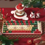Vivid Christmas PBT keycaps set displaying enchanting dye-sublimated festive art, capturing the cozy spirit of a holiday night. Durable and art design.