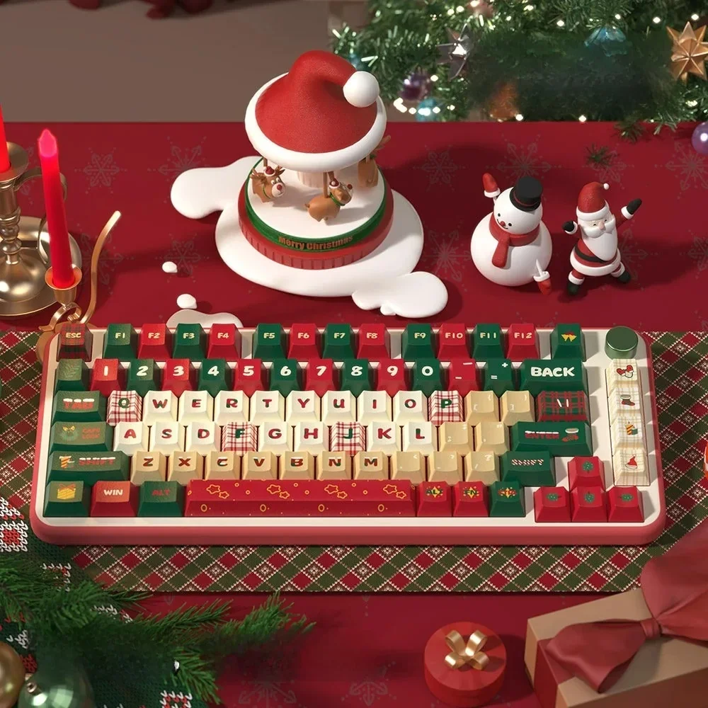 Vivid Christmas PBT keycaps set displaying enchanting dye-sublimated festive art, capturing the cozy spirit of a holiday night. Durable and art design.