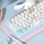 Close-up of an adorable Cinnamoroll PBT dye-sublimated keycap set showcasing its whimsical white and blue design, perfect for a dreamy keyboard aesthetic.