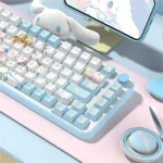 Adorable Cinnamoroll PBT dye-sublimated keycaps set, showing charming white and blue designs from various playful angles. Perfect for a dreamy keyboard.
