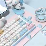 Close-up of the adorable Cinnamoroll PBT dye-sublimated keycaps set, showcasing various white and blue keys with whimsical Cinnamoroll designs from multiple angles.