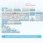 Adorable Cinnamoroll PBT dye-sublimated keycaps set, showcasing charming white and blue Cinnamoroll designs from various angles, adding a dreamy, playful setup.