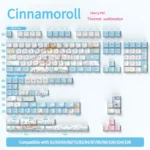 Adorable Cinnamoroll PBT dye-sublimated keycaps set featuring 158 keys with charming white and blue Cinnamoroll designs for a whimsical keyboard.