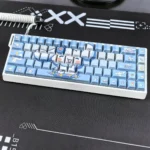 Detailed shot of the Cinnamoroll Kawaii keycaps set, revealing the dreamy pastel blue and white side-printed translucent PBT design.