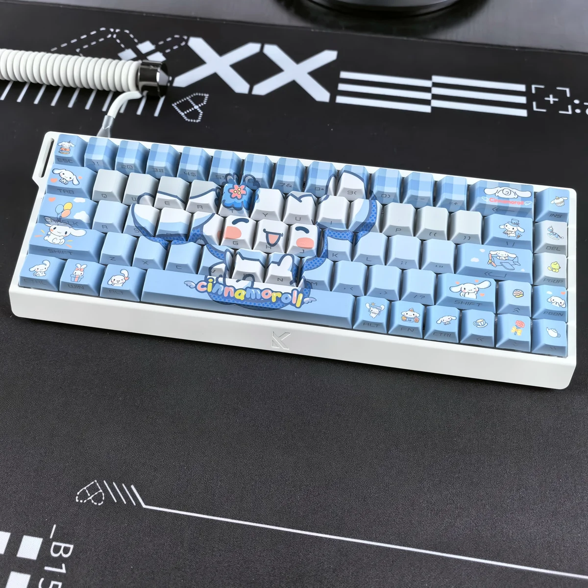 Detailed shot of the Cinnamoroll Kawaii keycaps set, revealing the dreamy pastel blue and white side-printed translucent PBT design.