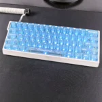 Playful gallery views of adorable Cinnamoroll translucent PC keycaps set, highlighting their dreamy blue mist aesthetic and captivating backlighting.
