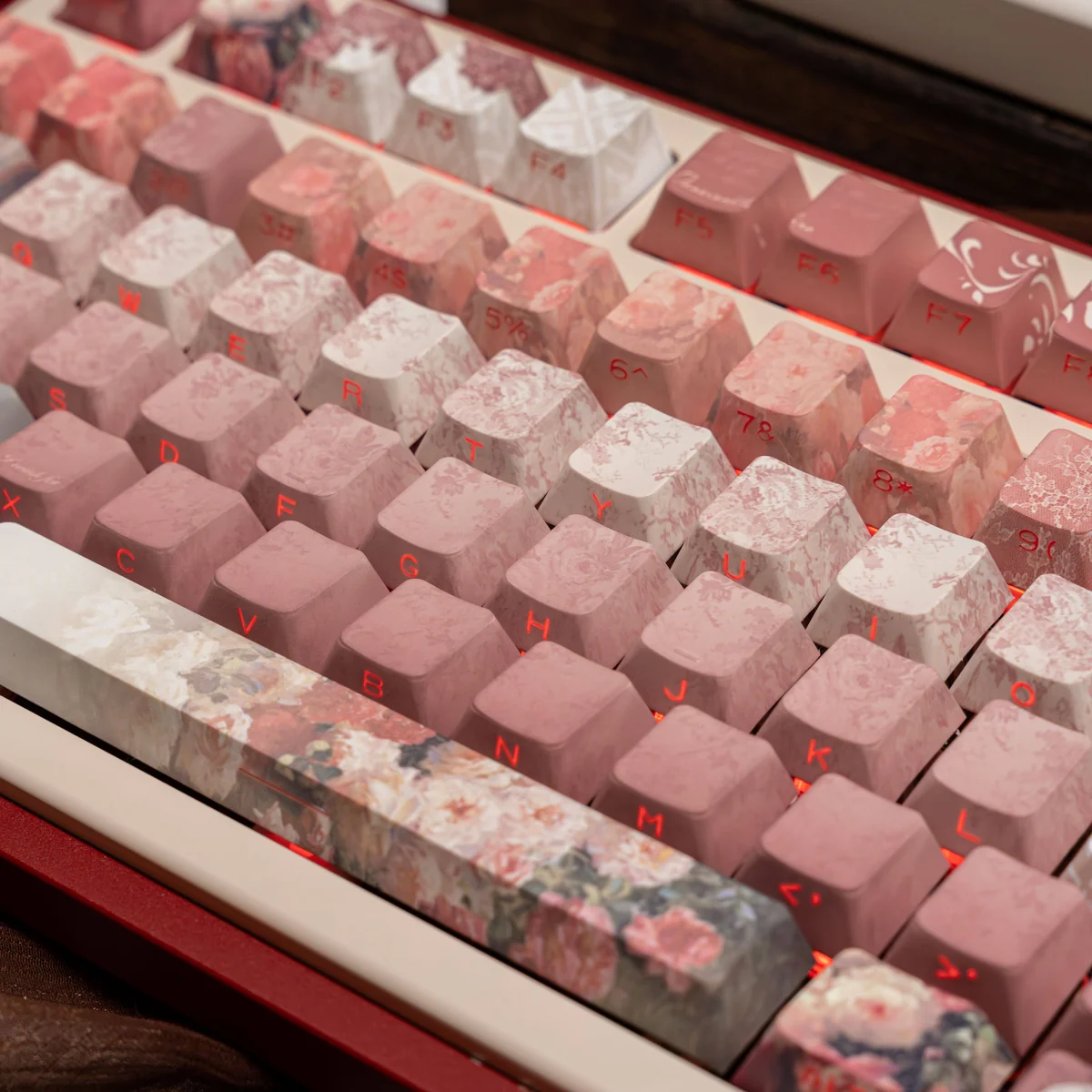 Intimate view of custom Closer Heart Series Keycap Set, highlighting subtle translucent pink and white designs for a personalized keyboard aesthetics.