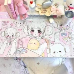 A close-up view of the whimsical Cogimyun desk mat, highlighting its premium PU texture and soft pastel hues, perfect for joyful organization.