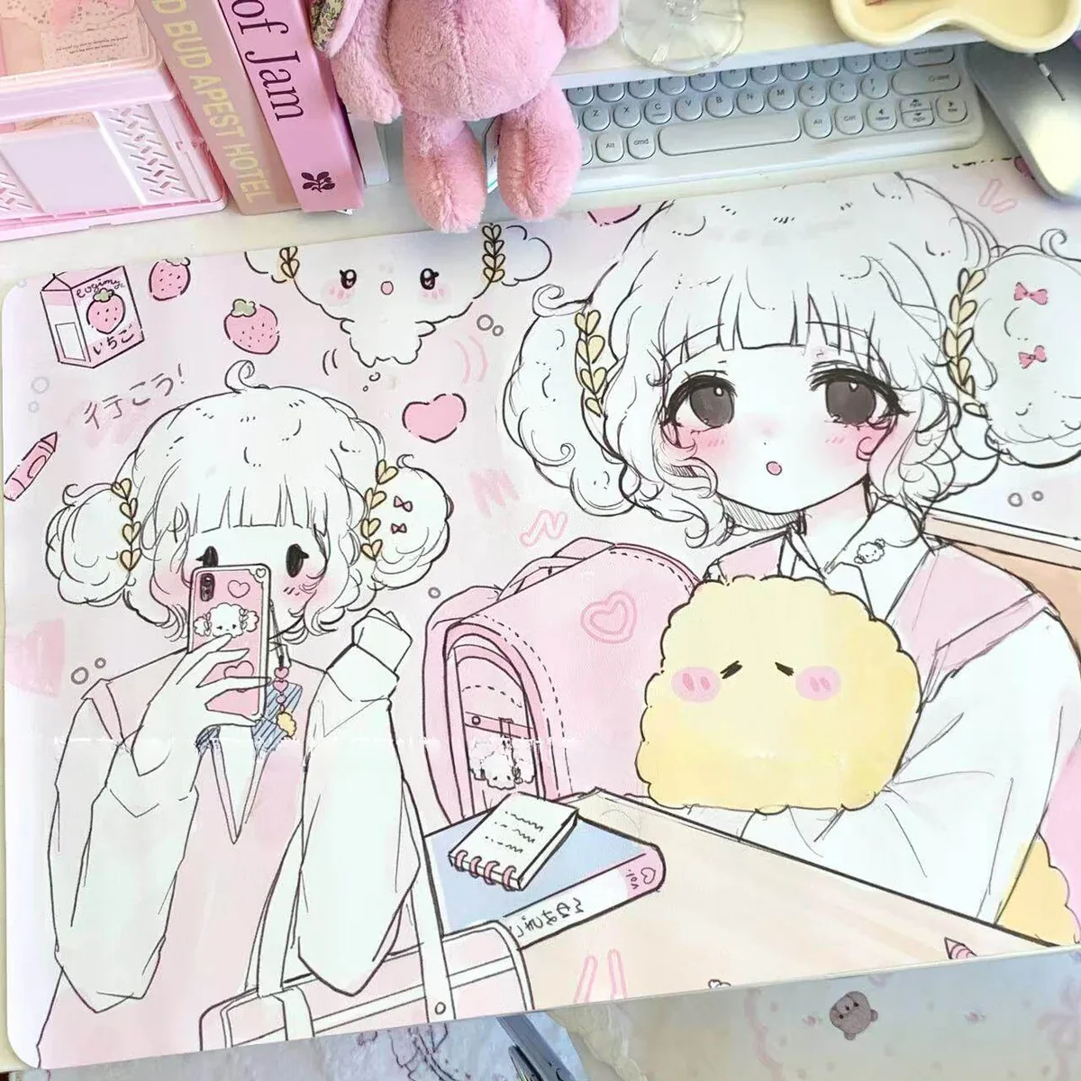 Whimsical Cogimyun desk mat close-up, showcasing charming character, soft pastel hues, premium PU for joyful organization and spacious protection.