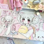 Close-up of the whimsical Cogimyun desk mat, highlighting its soft pastel hues and premium PU material, offering dreamy, spacious desk protection.