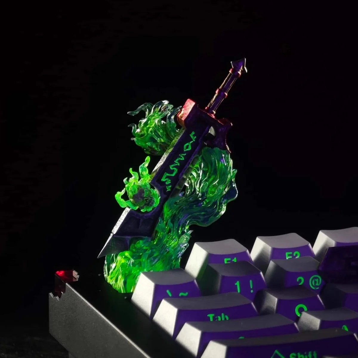 Iconic Corrupted Ashbringer artisan keycap, handcrafted resin with intricate dark fantasy sculpt and glowing green fire, shown from a dynamic angle.
