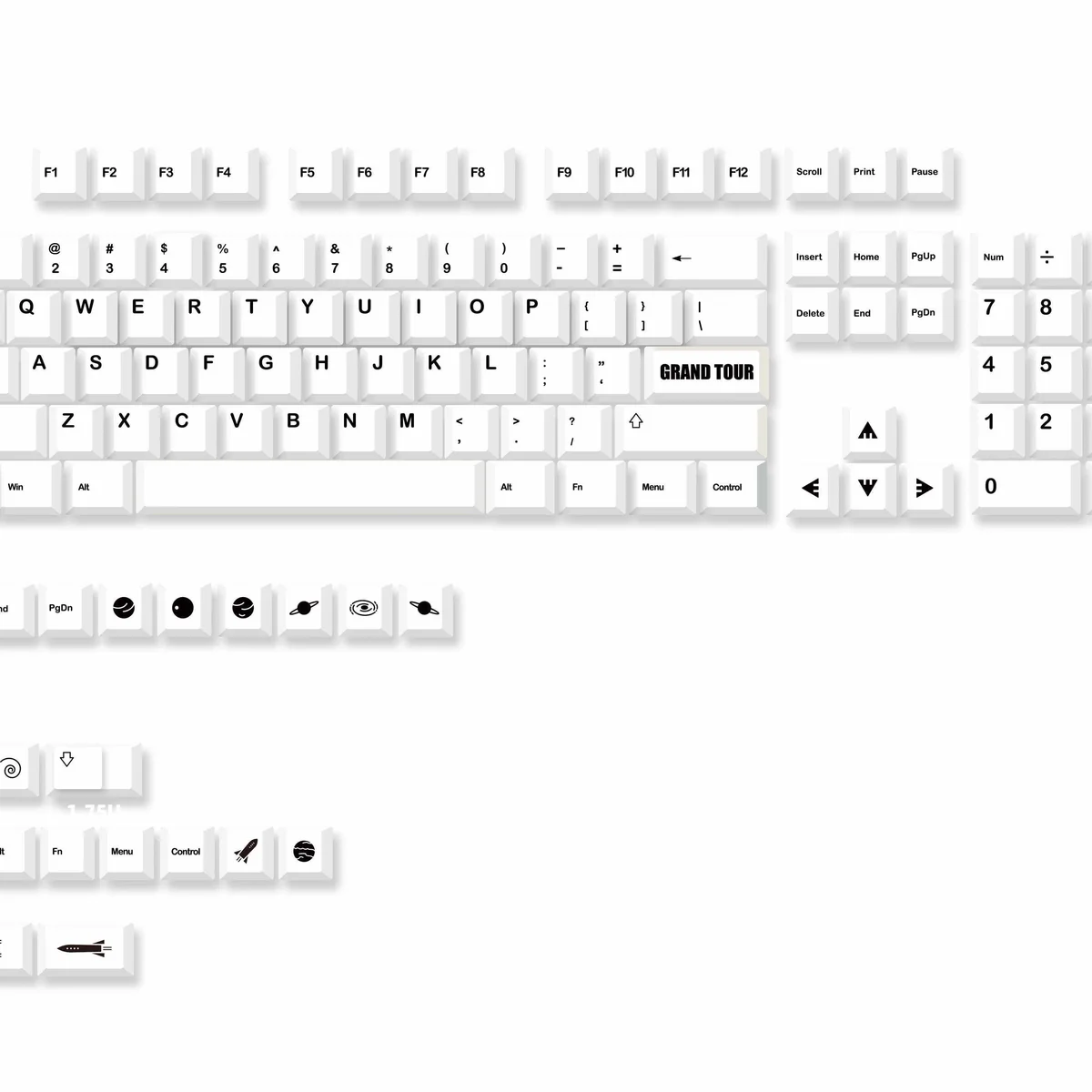 Detailed views of Monochromatic Cosmic PBT Keycaps Set, highlighting their durable PBT material and artistic monochromatic cosmic landscapes, capturing celestial elegant.