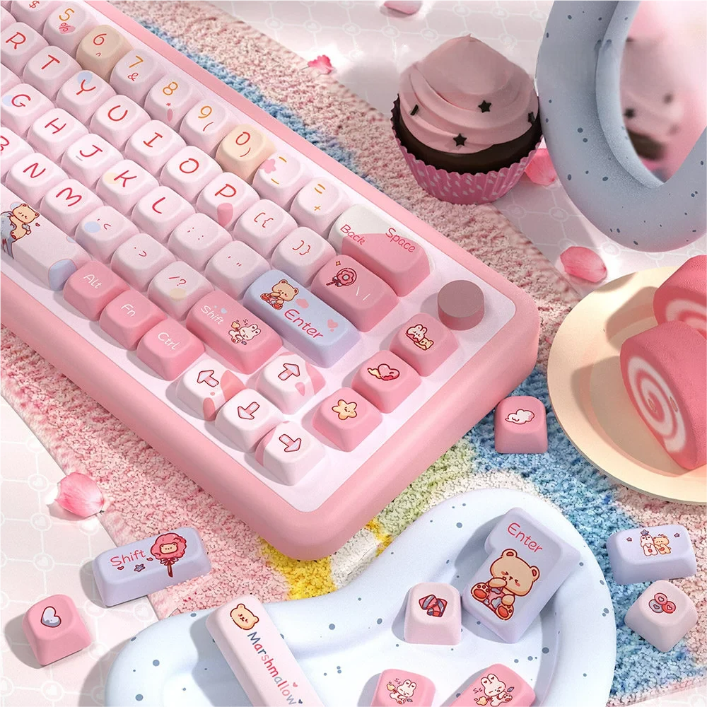 A collection of dreamy cotton candy PBT keycaps set from various angles, showcasing their soft pastel colors and durable design for mechanical keyboards.