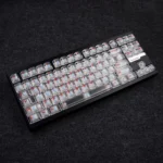 Playful Crayon Shin-chan mist translucent PC keycaps set for custom keyboards, displayed from multiple angles, revealing iconic anime characters.