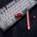 Playful Crayon Shin-chan mist PC keycaps set for custom keyboards, showcasing iconic anime characters from various angles with translucent glow.