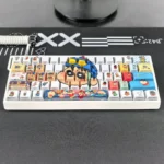 Close-up of a vibrant Crayon Shin-chan PBT keycap set, showcasing the iconic characters and side-printed legends with a playful backlit glow from various angles.