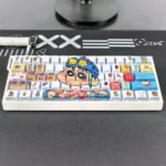 Playful Crayon Shin-chan PBT keycaps set, shown from various angles, featuring vibrant side-printed characters and their cheerful backlit glow. Iconic angles.