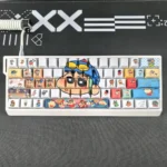 Vibrant Crayon Shin-chan PBT keycaps set glowing with side-printed backlit characters, showcasing a playful anime aesthetic for custom keyboards.
