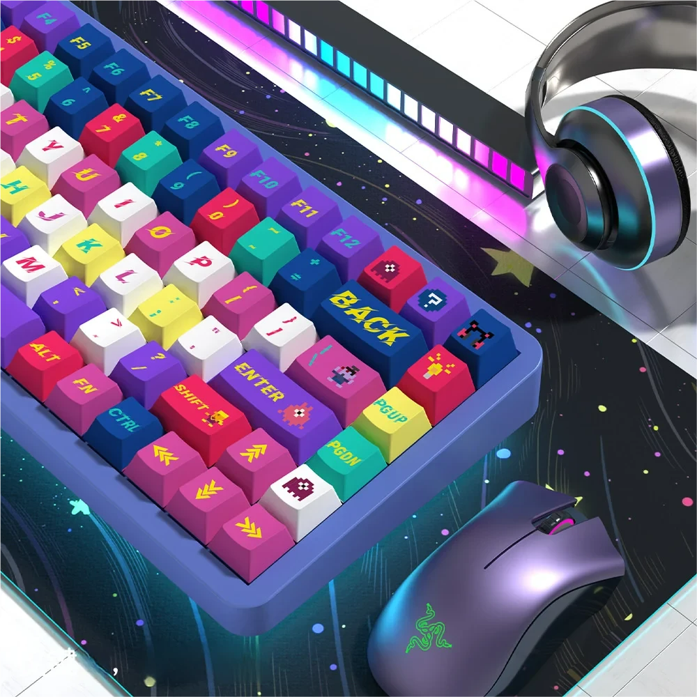 Vibrant Cyberpunk 2077 PBT dye-sub keycaps set, shown from an artistic angle. Highlighting durable PBT, neon glow, and high-contrast futuristic motifs.
