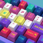 Close-up of vibrant Cyberpunk 2077 PBT dye-sub keycaps set showcasing neon glow and futuristic cityscape details from a unique angle, highlighting durable setup.