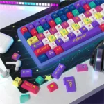 Vibrant Cyberpunk 2077 PBT dye-sub keycaps set from various angles, highlighting their futuristic neon glow and high-contrast dystopian tech style.