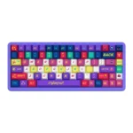 A collection of vibrant Cyberpunk 2077 PBT dye-sub keycaps set showcasing detailed futuristic designs and neon glow from various angles.