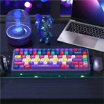 Vibrant Cyberpunk 2077 PBT dye-sub keycaps set, featuring glowing neon aesthetics and futuristic cityscape details for a durable, immersive keyboard.