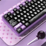 A gallery of Dark Devil PBT keycaps set, showcasing the unique 'Dark Devil' set from various playful angles, with whimsical gothic accents for gamers.