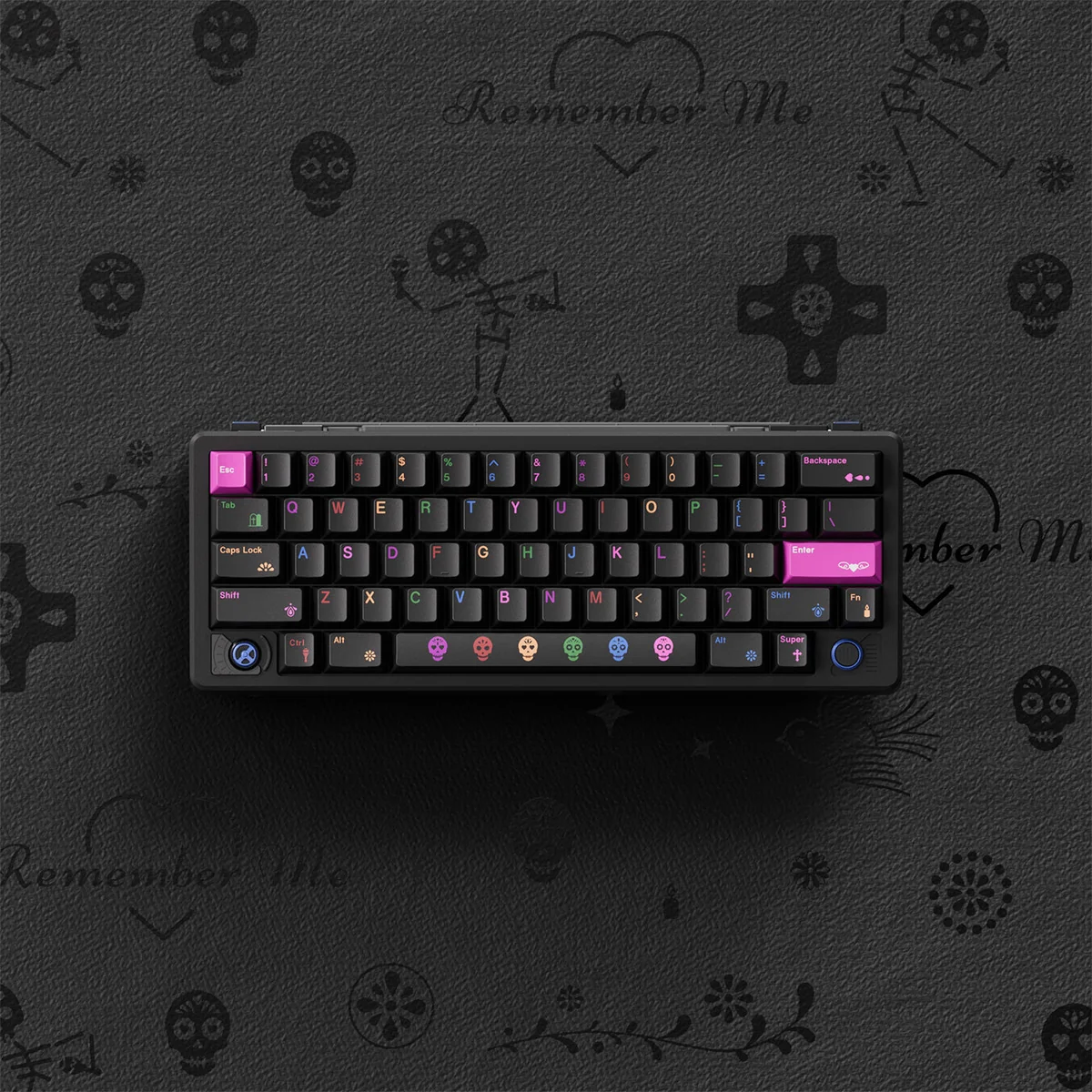 Intricate Day of the Dead artisan PBT keycaps set. Detailed skull designs and traditional patterns celebrate artistic elegance.