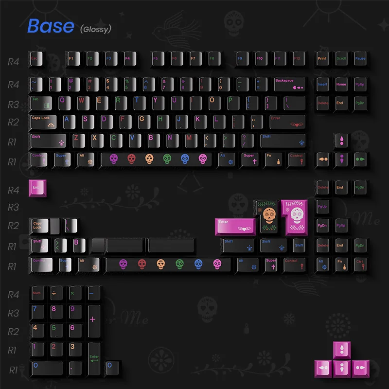 Day of the Dead PBT artisan skull keycap set. Intricate DÃa de los Muertos designs from various angles showcase unique cultural artistry.