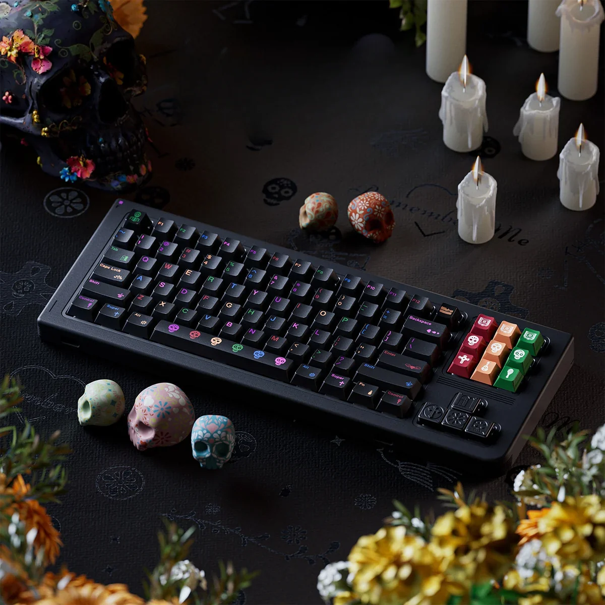 A close-up of artisan Day of the Dead Keycap Set, highlighting unique PBT skull art with intricate cultural patterns and a dark, elegant aesthetic.