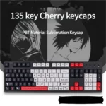 Artistic Death Note PBT dye-sub keycaps set, featuring enigmatic anime symbols and characters on a dark mechanical keyboard, highlighting their iconic design.