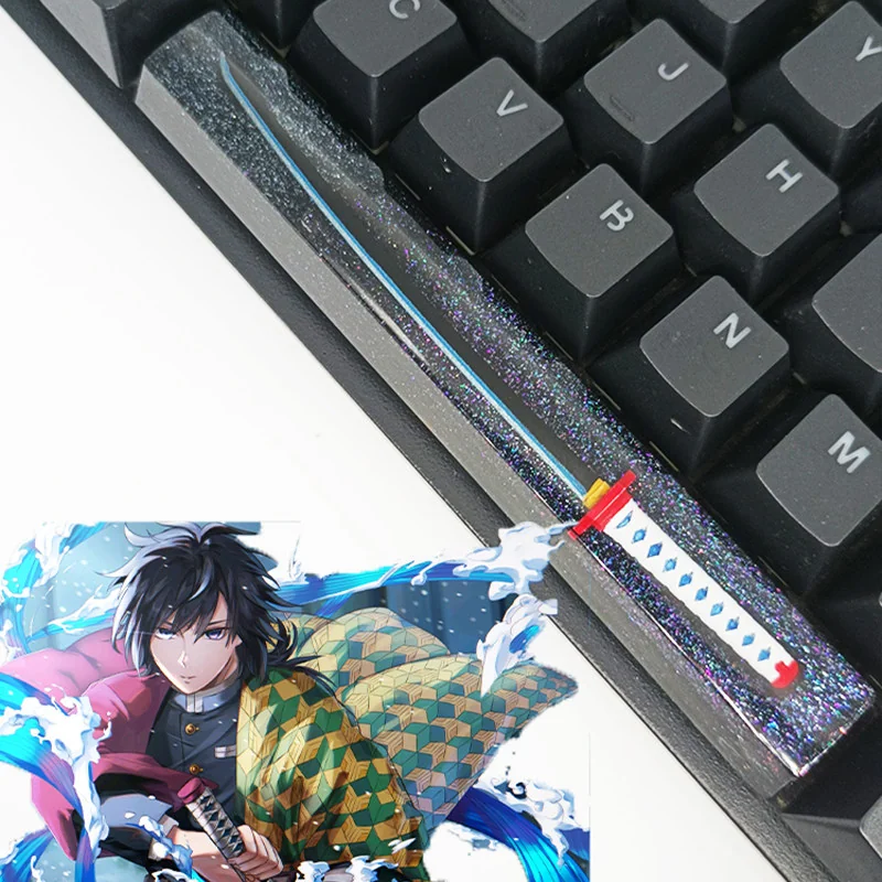 Artisan Demon Slayer RGB spacebar keycap from a unique angle, highlighting an iconic anime character within luminous resin and a starry, translucent design.