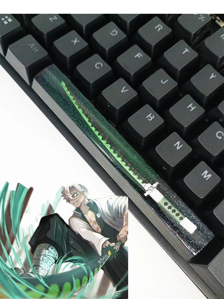 Artisan Demon Slayer RGB spacebar keycap in vibrant fluorescent green resin, highlighting a luminous starry anime design.