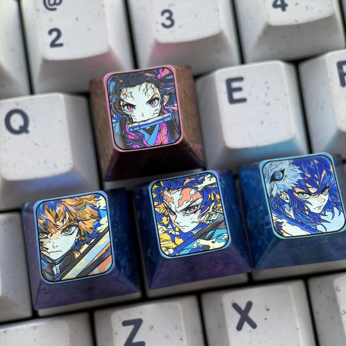 Premium Tanjiro Kamado Demon Slayer keycap: polished titanium, vivid character art, vibrant anodized finish, showcased from various angles.
