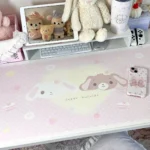 Large Dessert Kurousa and Shirousa Desk Mat with whimsical pastel rabbits and sweet dessert motifs, showing a charming detail view for a cozy desktop aesthetic.
