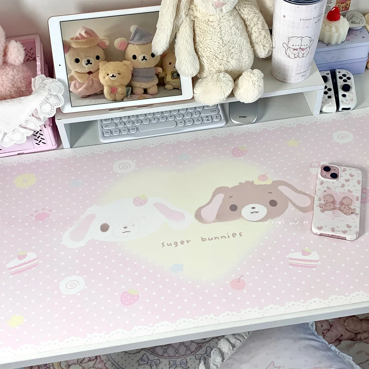 Large Dessert Kurousa and Shirousa Desk Mat with whimsical pastel rabbits and sweet dessert motifs, showing a charming detail view for a cozy desktop aesthetic.