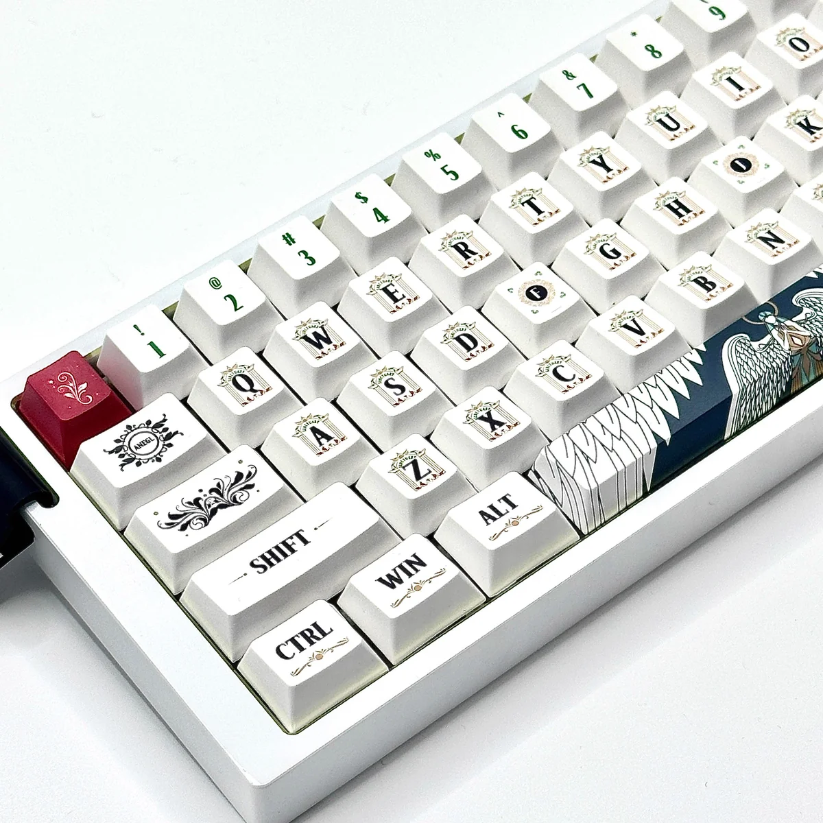 Divine Realm PBT Dye-Sub Keycaps Set, showcasing epic mythological and celestial designs from multiple angles for a majestic keyboard.
