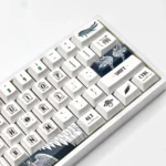 A collection of Divine Realm PBT Dye-Sub Keycaps Set, showcasing intricate mythological and celestial designs from various angles for a majestic keyboard.