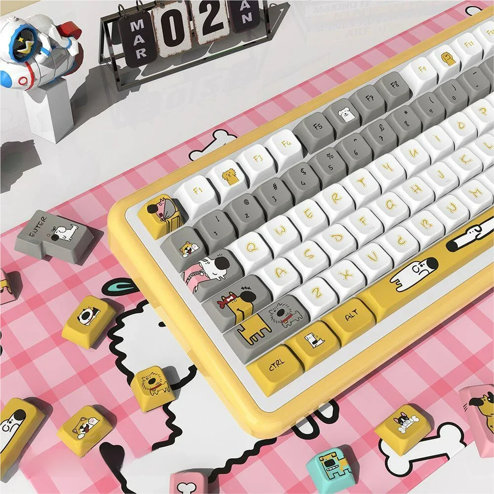 Whimsical Dog Theme PBT MDA keycap set from various angles, featuring adorable dog illustrations and paw prints on durable, warm-colored keys.