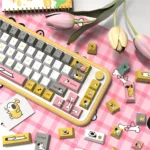 Playful dog theme PBT keycaps set in Cherry profile, featuring heartwarming dog illustrations and paw prints from multiple angles. This vibrant set add playful touch.